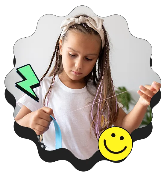 Ilustração neobrutalista de uma menina com selo de validação